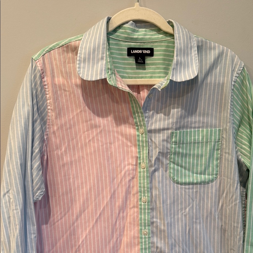 Lands' End Pink and Blue Casual Button Down Shirt